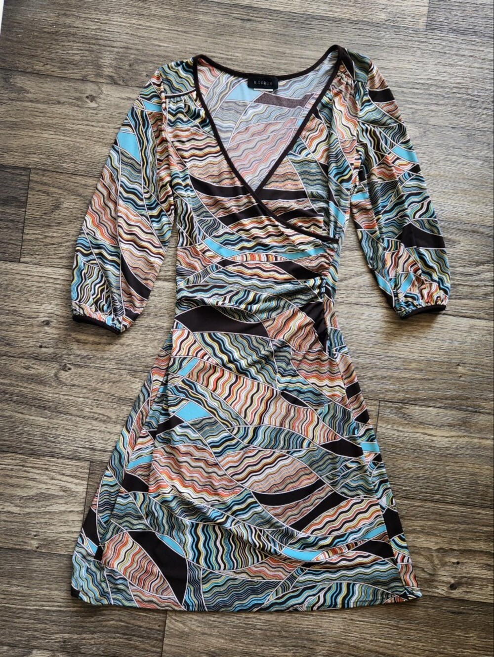 B. Darlin Abstract Geometric Swirl Print Faux Wrap Long Sleeve Dress